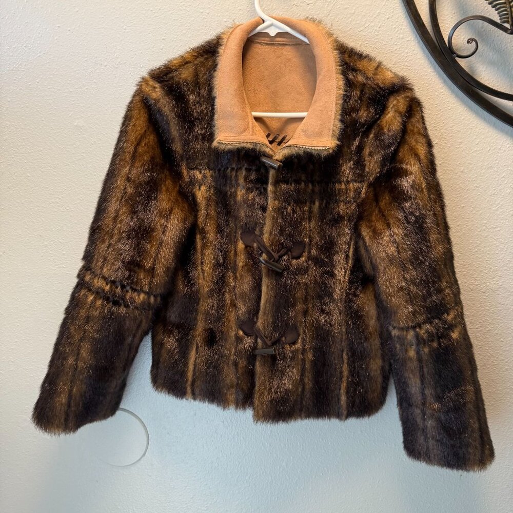 Vintage Reversible Shearling & Faux Fur Toggle Coat Women's Size S 19" ptp